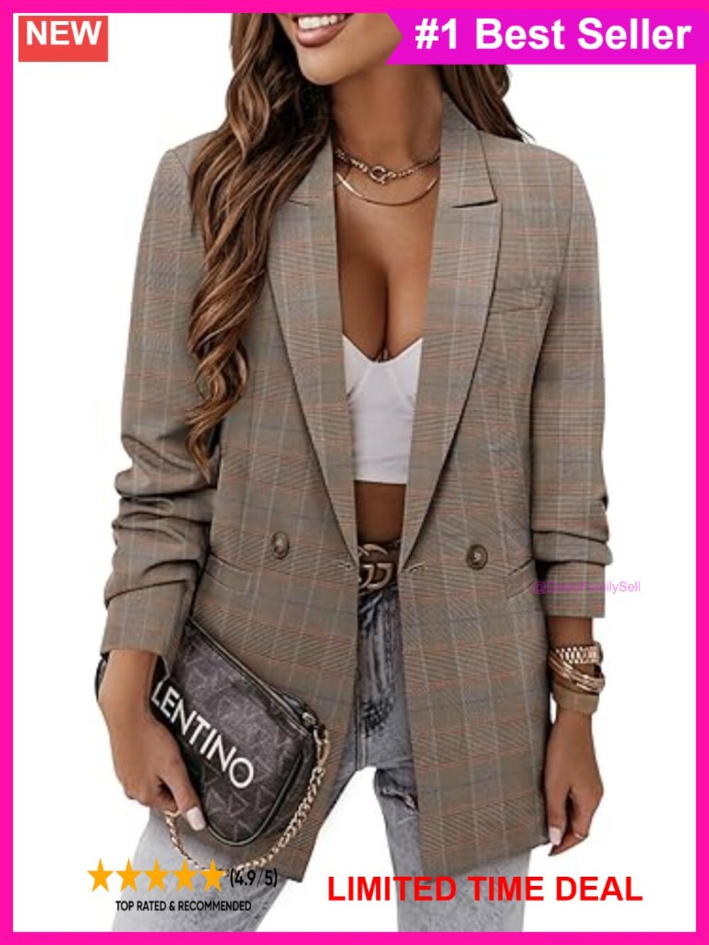 Women's Plaid Notch Lapel Business Casual Blazer Lined Work Suit Jacket